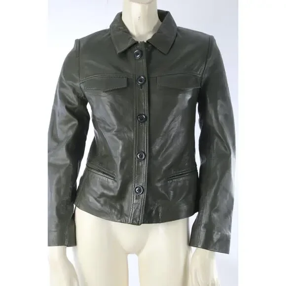 Zadig & Voltaire Liam Green Leather Button Down Collared Jacket Size XS
